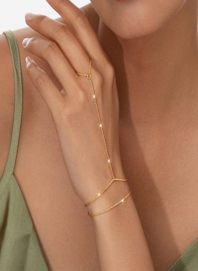 Moodear Gold Plated Hand Chain for Women - Dainty 14K Gold Plated Ring Bracelet Cute Adjustable Sparking Link Chain Layered Bracelets Non Tarnish Trendy Jewelry Gift - Image 3